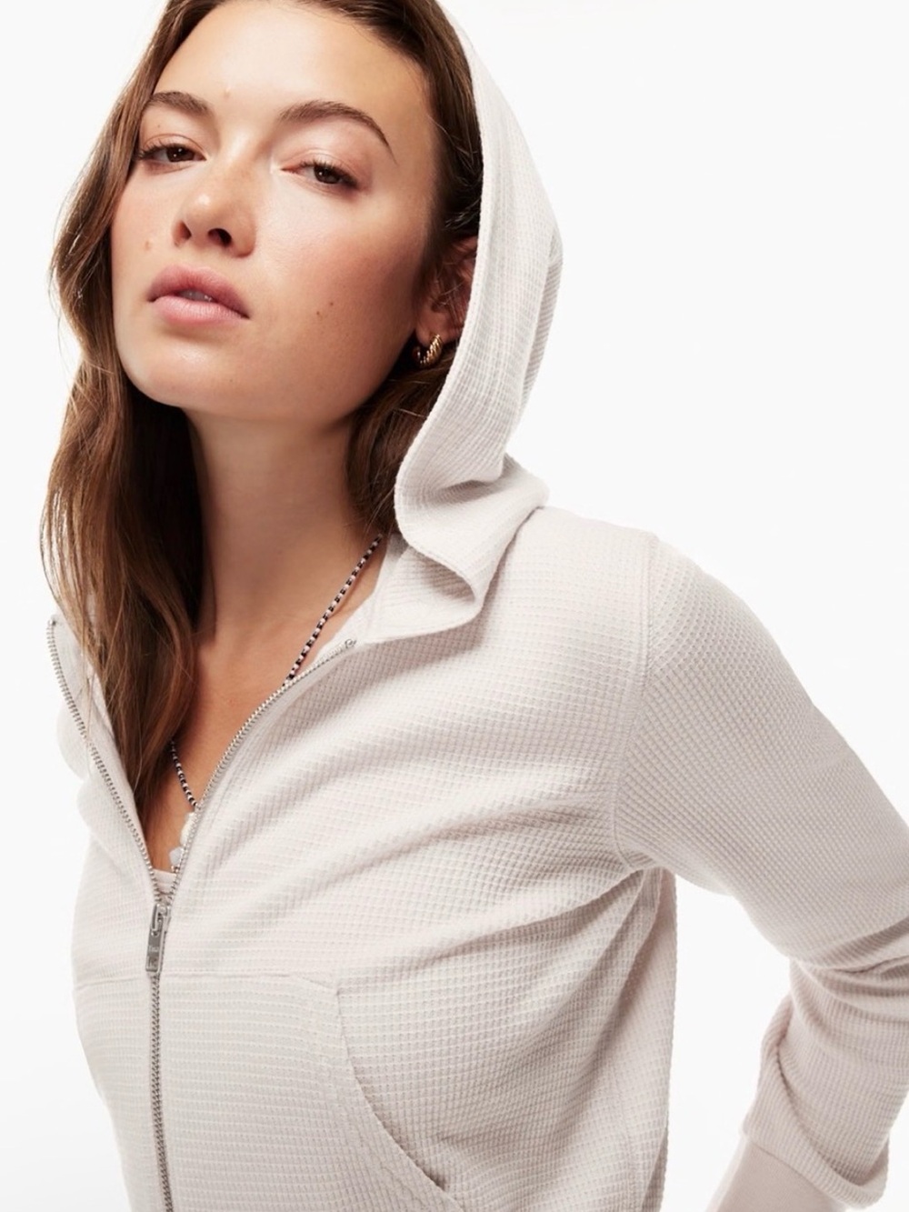 Aritzia TNA Waffle Zip Hoodie Cropped Cream Thermal Sweatshirt Size L